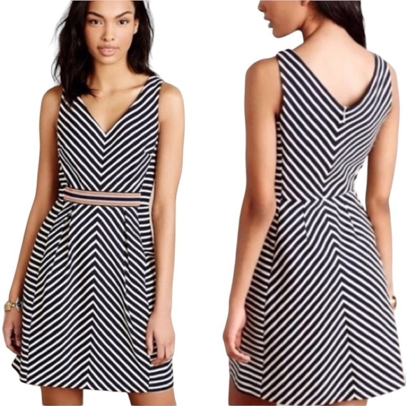 Maeve Anthropologie Mitered Navy and White Fit & Flare Embroidered Dress - Picture 1 of 11